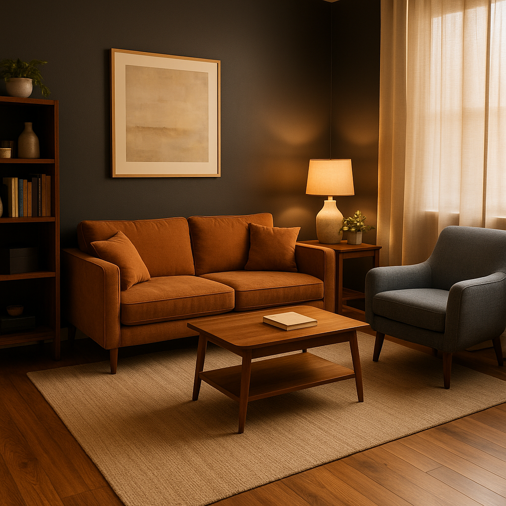 Warm, modern therapy office with soft light